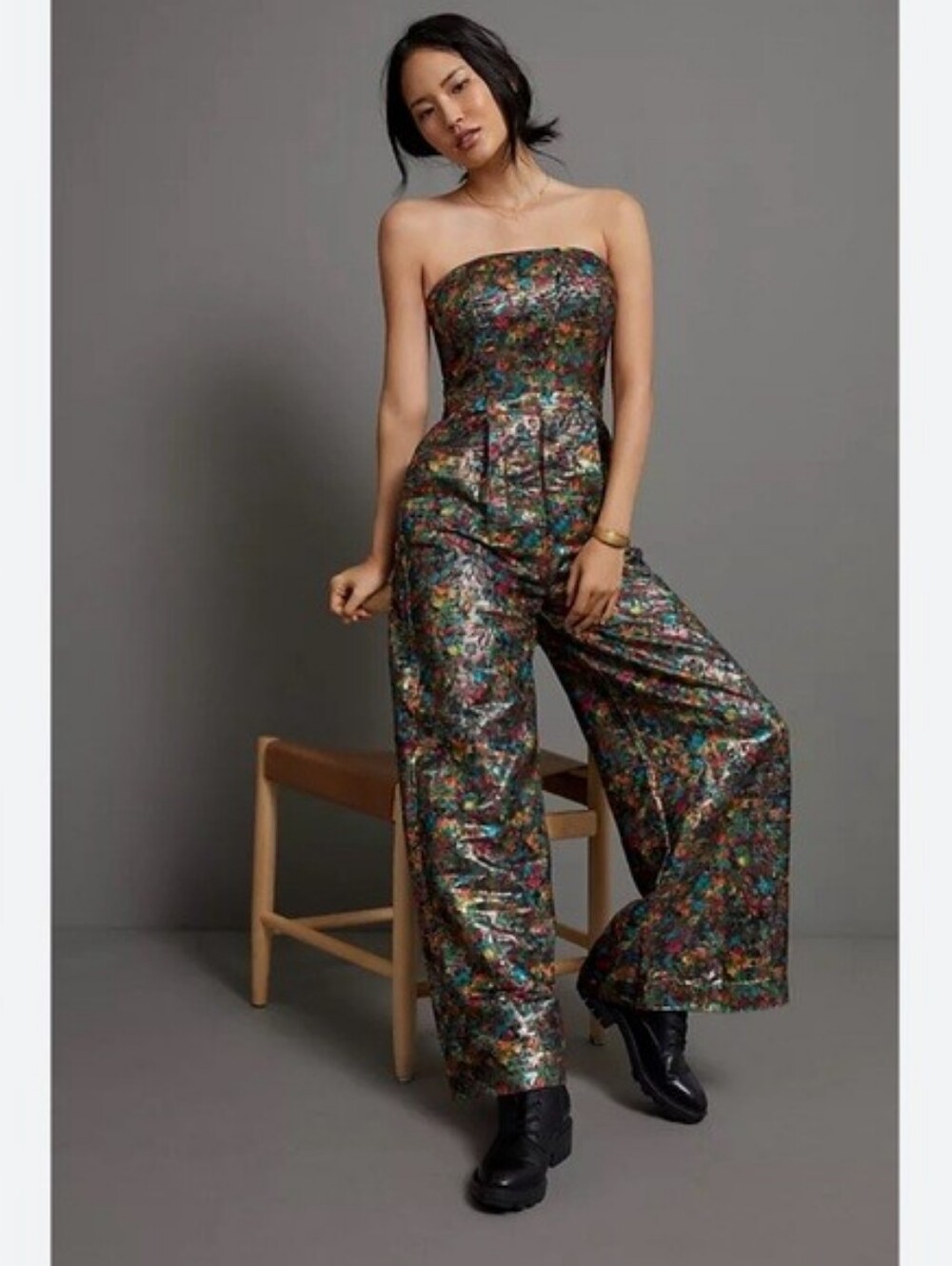 Anthropologie Samantha Shimmer Colorful Strapless Wide-Leg Jumpsuit